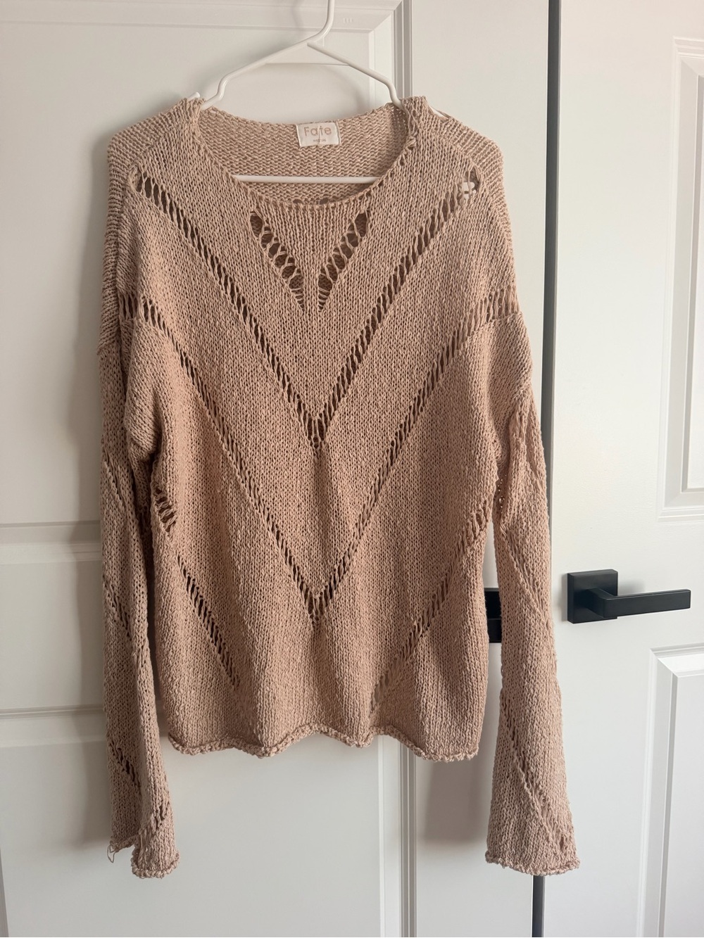 Fate Open-Knit Scoop Neck Sweater in Beige